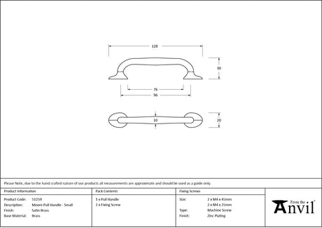From The Anvil - Satin Brass Moore Pull Handle - Small | Sku. 51259 | Trade Door Handles.
