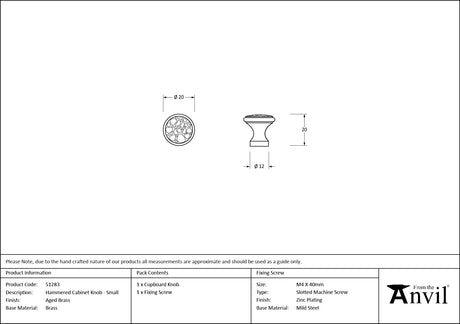 From The Anvil - Aged Brass Hammered Cabinet Knob - Small | Sku. 51283 | Trade Door Handles.