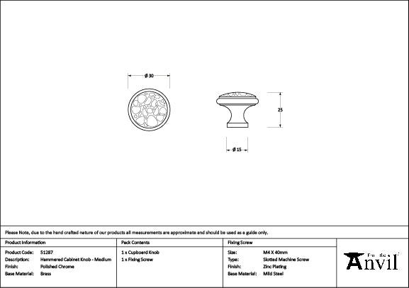 From The Anvil - Polished Chrome Hammered Cabinet Knob - Medium