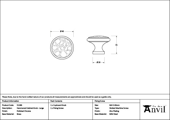 From The Anvil - Polished Chrome Hammered Cabinet Knob - Large