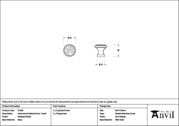 From The Anvil - Polished Nickel Hammered Cabinet Knob - Small