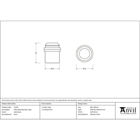 From The Anvil - Satin Brass Floor Mounted Door Stop | Sku. 51299 | Trade Door Handles.