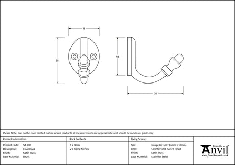 From The Anvil - Satin Brass Coat Hook | Sku. 51300 | Trade Door Handles.
