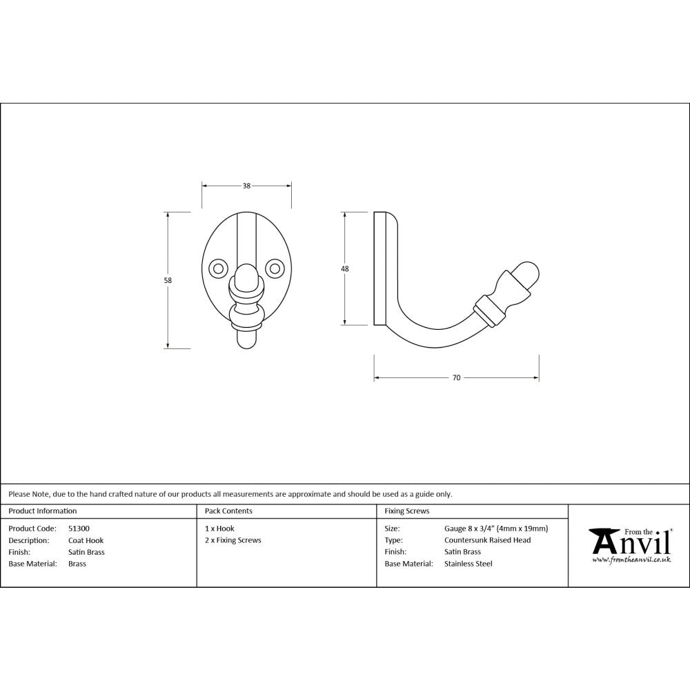 From The Anvil - Satin Brass Coat Hook | Sku. 51300 | Trade Door Handles.