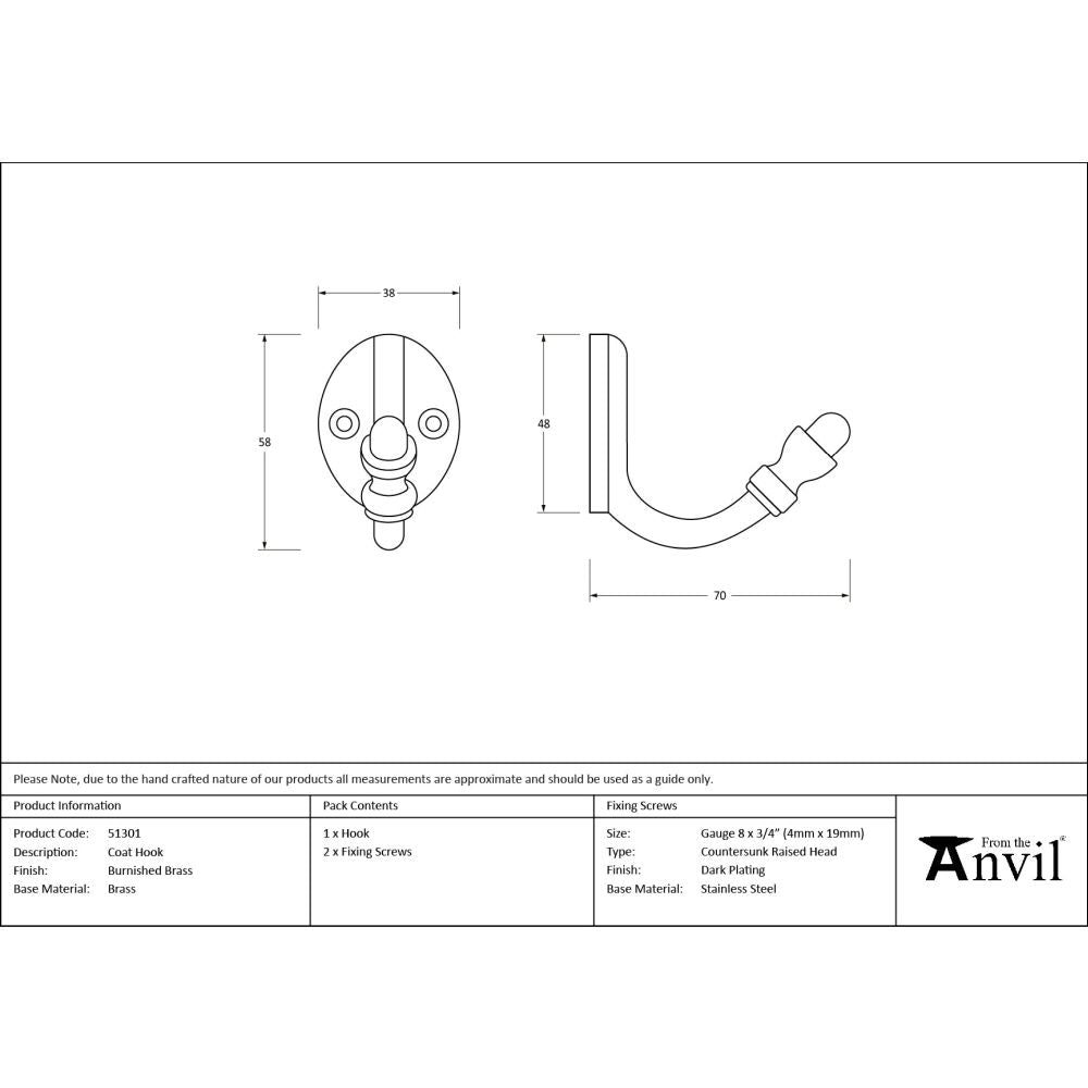 From The Anvil - Burnished Brass Coat Hook | Sku. 51301 | Trade Door Handles.