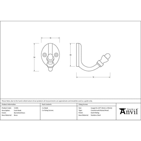 From The Anvil - Burnished Brass Coat Hook | Sku. 51301 | Trade Door Handles.