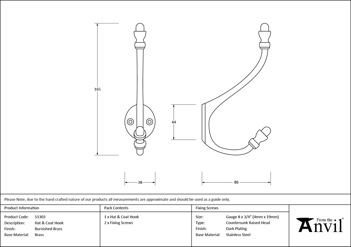 From The Anvil - Burnished Brass Hat & Coat Hook | Sku. 51303 | Trade Door Handles.