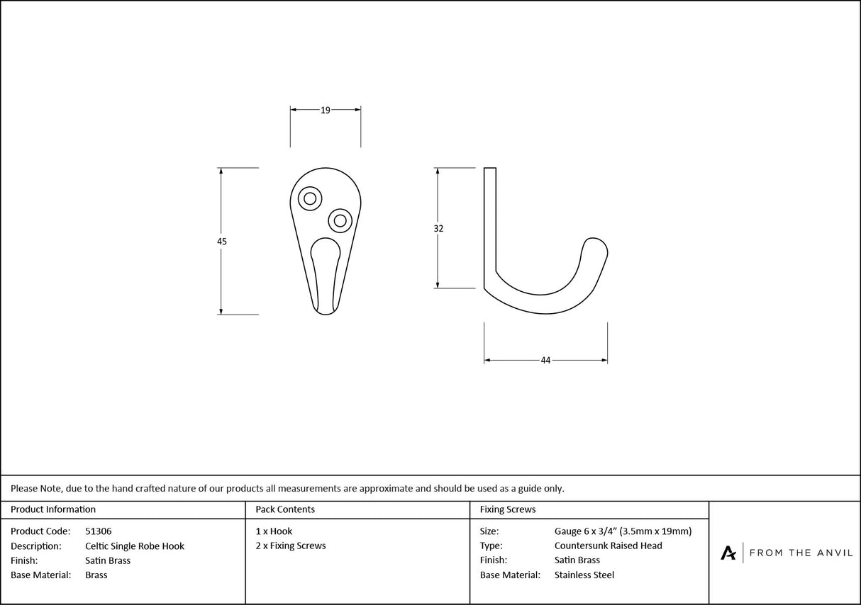 From The Anvil - Satin Brass Celtic Single Robe Hook | Sku. 51306 | Trade Door Handles.