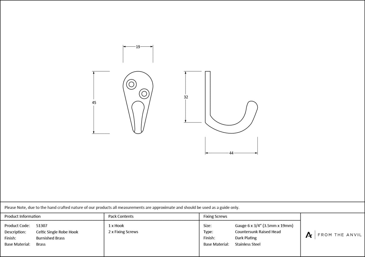 From The Anvil - Burnished Brass Celtic Single Robe Hook | Sku. 51307 | Trade Door Handles.