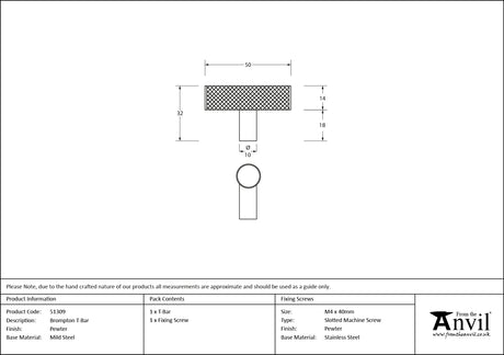 From The Anvil - Pewter Brompton T-Bar | Sku. 51309 | Trade Door Handles.