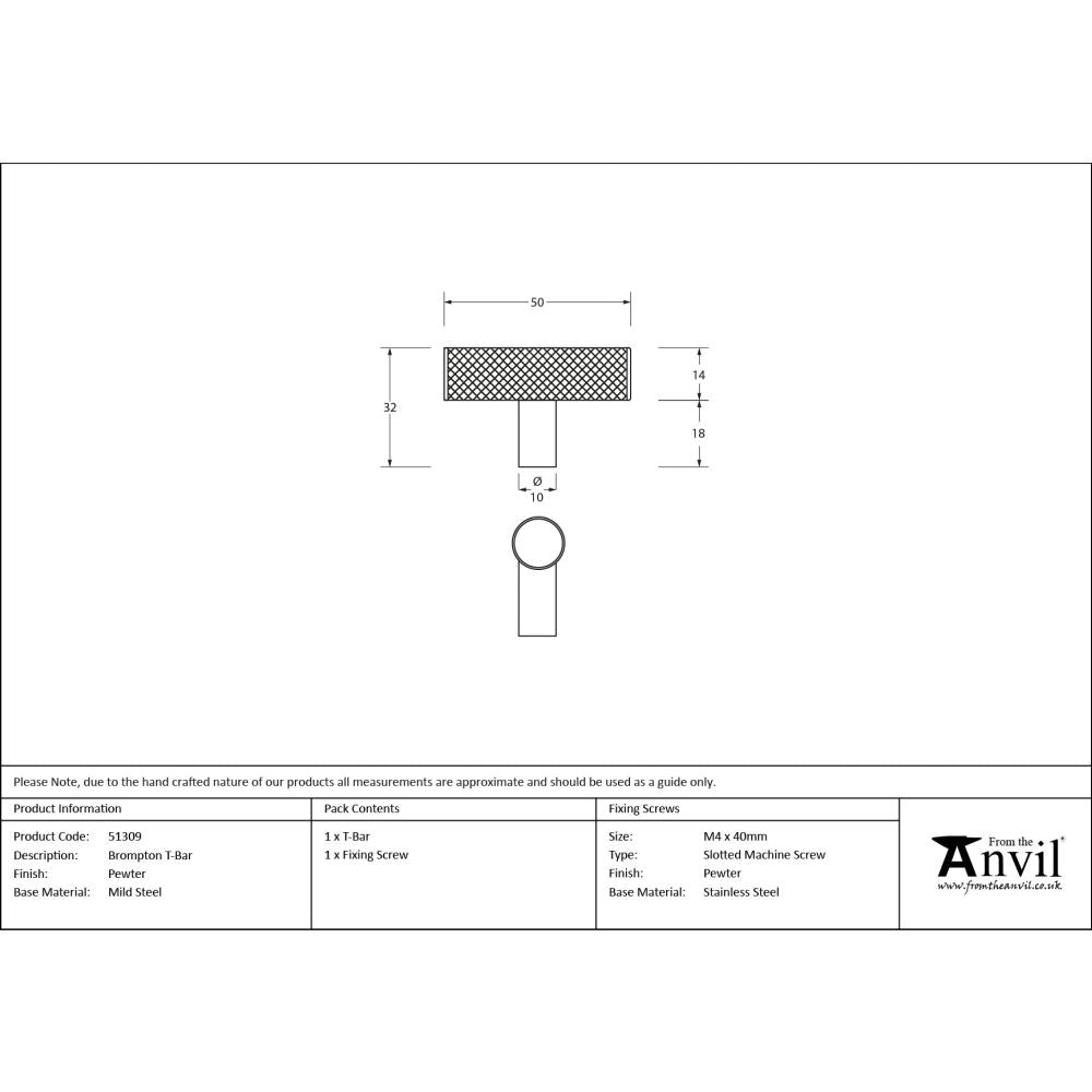 From The Anvil - Pewter Brompton T-Bar | Sku. 51309 | Trade Door Handles.