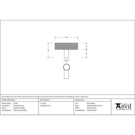 From The Anvil - Polished SS (304) Brompton T-Bar | Sku. 51310 | Trade Door Handles.