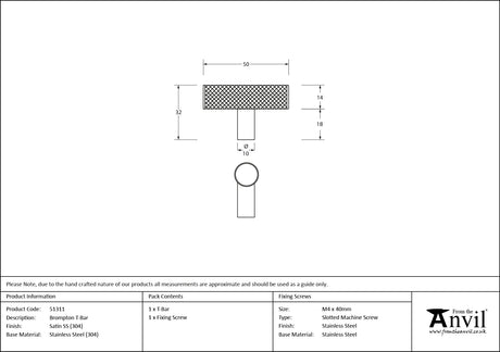 From The Anvil - Satin SS (304) Brompton T-Bar | Sku. 51311 | Trade Door Handles.