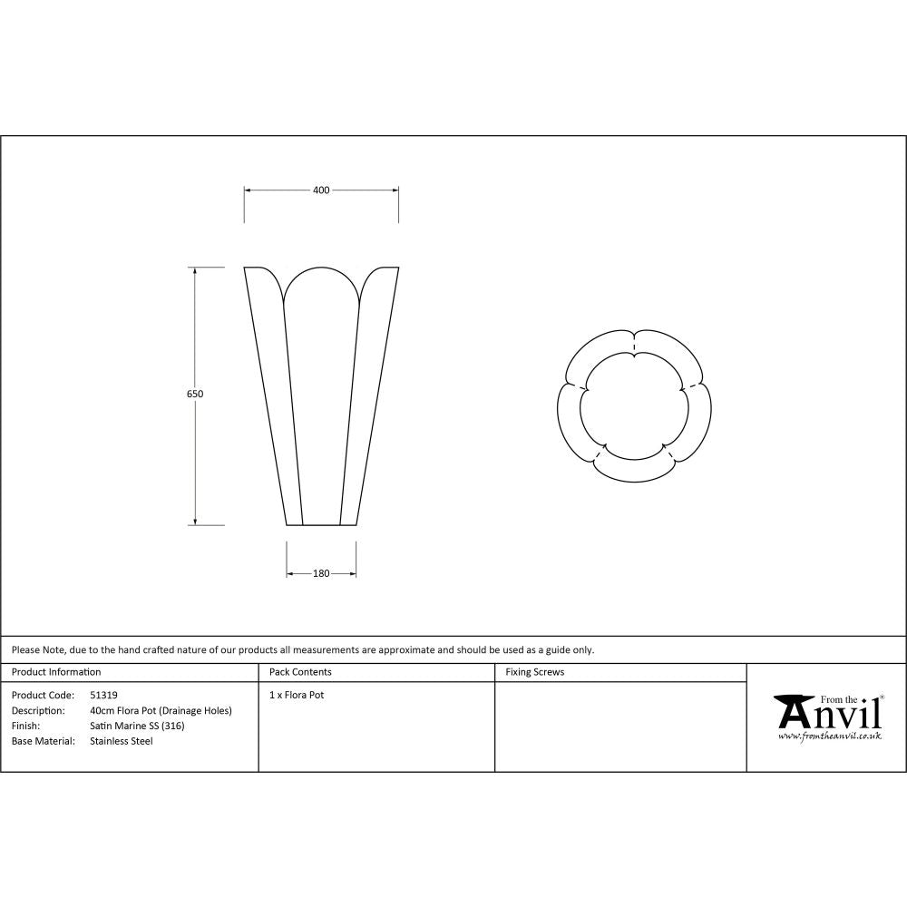 From The Anvil - Satin Marine SS (316) 40cm Flora Pot (Drainage holes) | Sku. 51319 | Trade Door Handles.