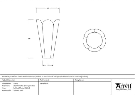 From The Anvil - Polished Marine SS (316) 30cm Flora Pot (Drainage holes) | Sku. 51320 | Trade Door Handles.
