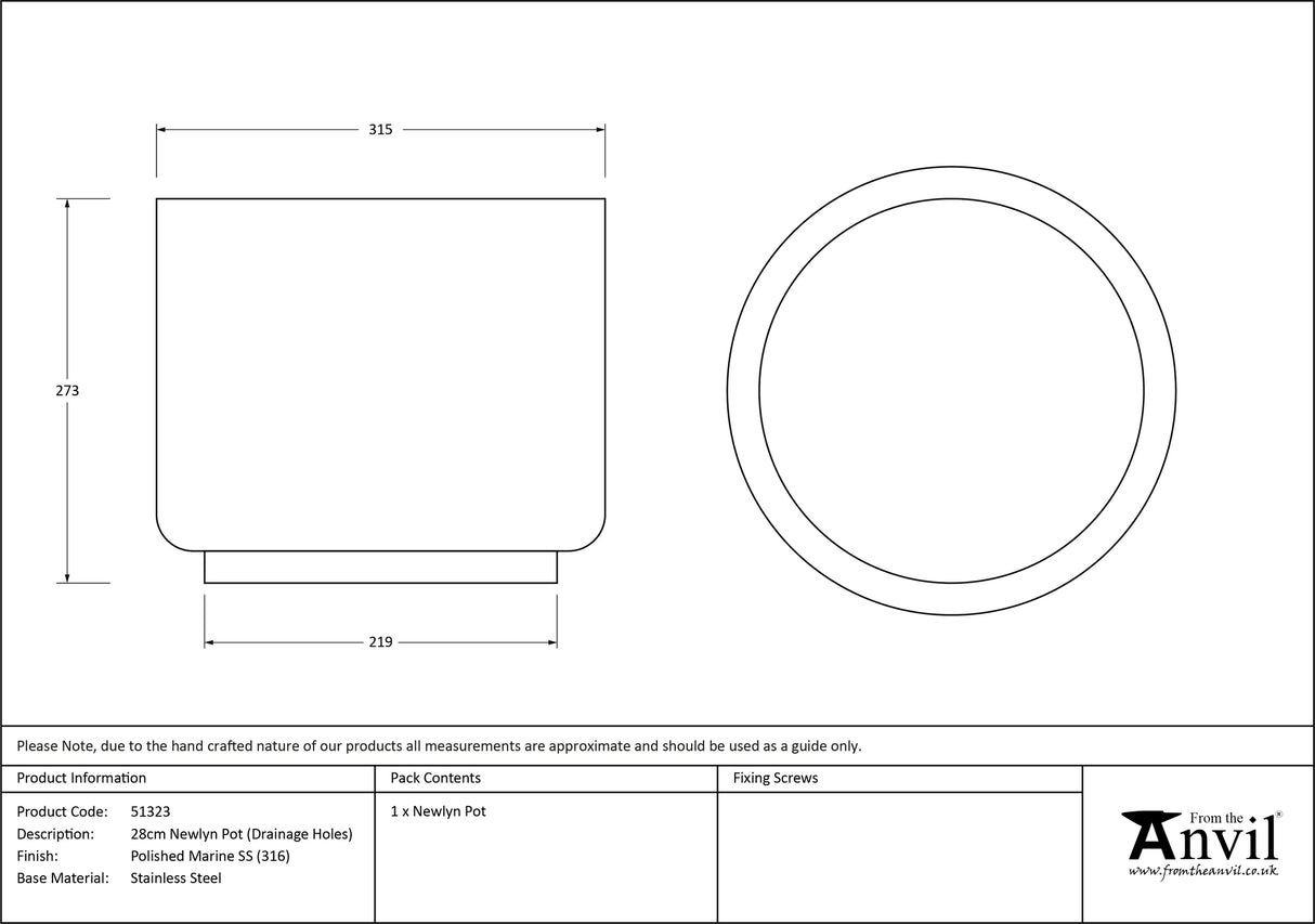 From The Anvil - Polished Marine SS (316) 28cm Newlyn Pot (Drainage holes) | Sku. 51323 | Trade Door Handles.