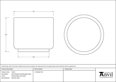 From The Anvil - Polished Marine SS (316) 28cm Newlyn Pot (Drainage holes) | Sku. 51323 | Trade Door Handles.