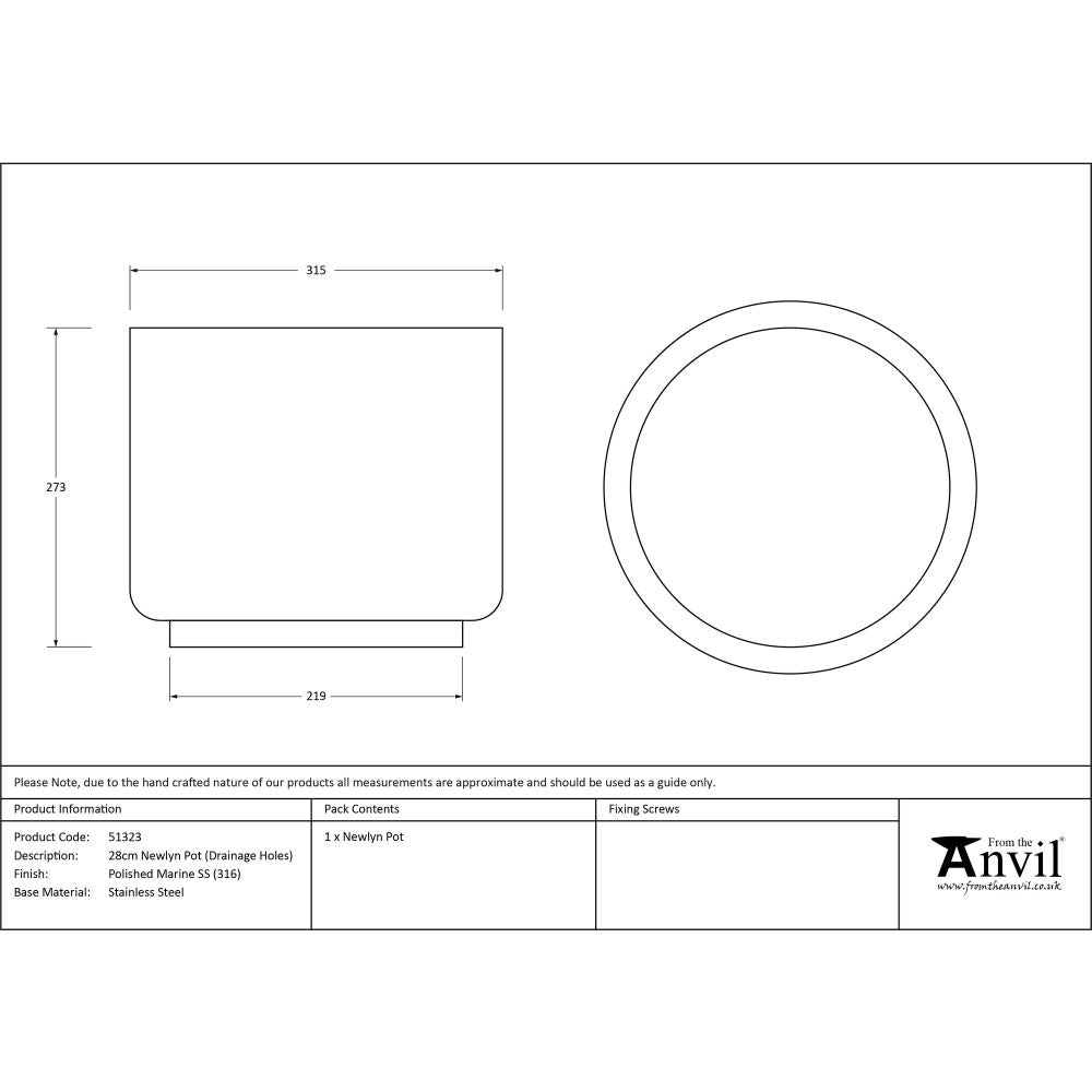 From The Anvil - Polished Marine SS (316) 28cm Newlyn Pot (Drainage holes) | Sku. 51323 | Trade Door Handles.