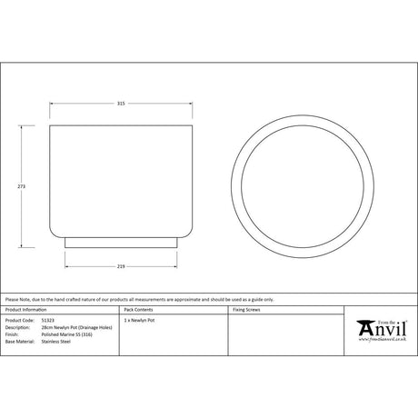 From The Anvil - Polished Marine SS (316) 28cm Newlyn Pot (Drainage holes) | Sku. 51323 | Trade Door Handles.