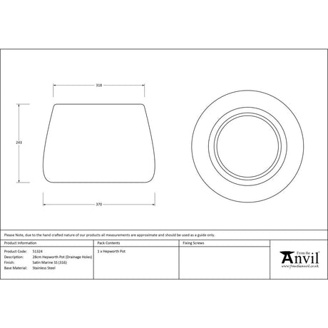 From The Anvil - Satin Marine SS (316) 28cm Hepworth Pot (Drainage holes) | Sku. 51324 | Trade Door Handles.