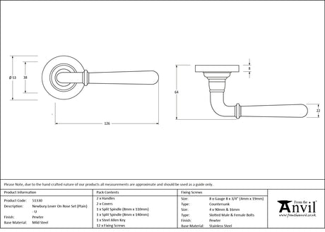 From The Anvil - Pewter Newbury Lever on Rose Set (Plain) - Unsprung | Sku. 51330 | Trade Door Handles.