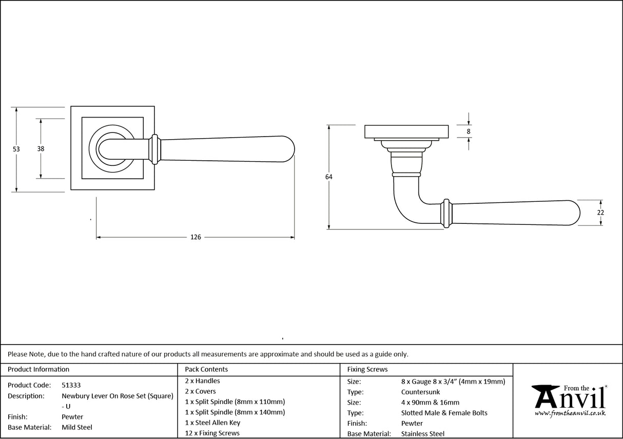From The Anvil - Pewter Newbury Lever on Rose Set (Square) - Unsprung | Sku. 51333 | Trade Door Handles.