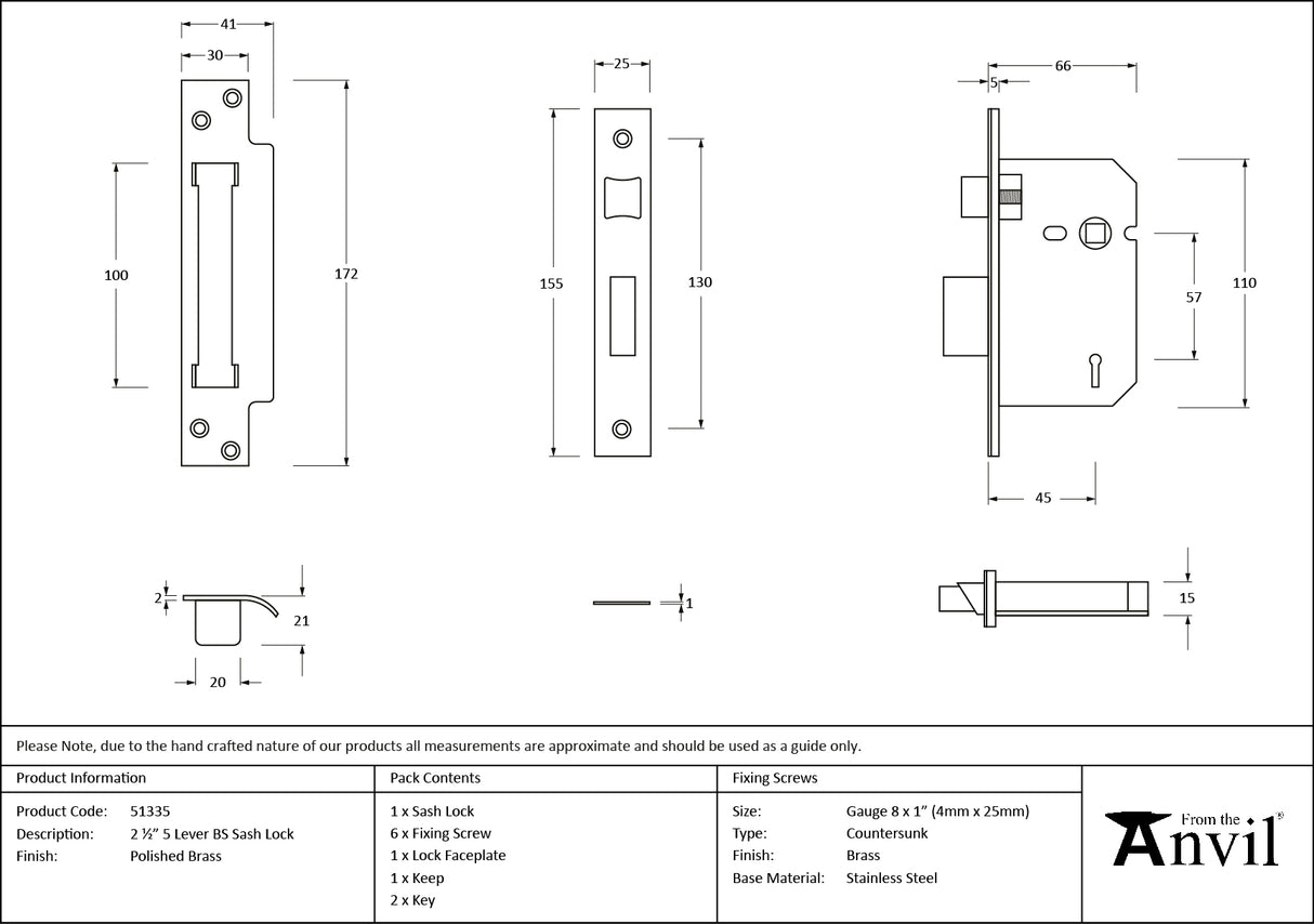 From The Anvil - Polished Brass 2.5" 5 Lever BS Sash Lock | Sku. 51335 | Trade Door Handles.