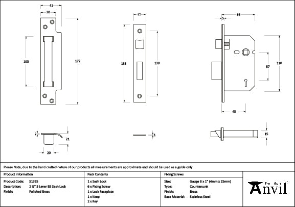 From The Anvil - Polished Brass 2Â½" 5 Lever BS Sash Lock