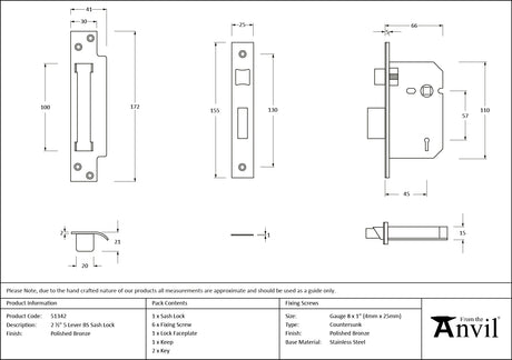 From The Anvil - Polished Bronze 2.5" 5 Lever BS Sash Lock | Sku. 51342 | Trade Door Handles.