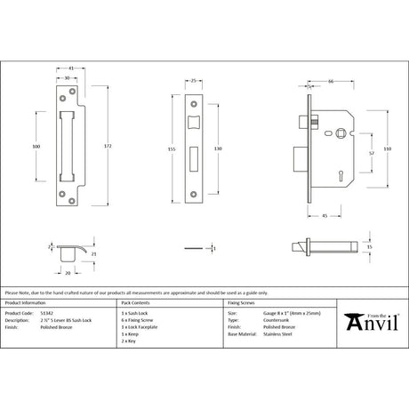 From The Anvil - Polished Bronze 2.5" 5 Lever BS Sash Lock | Sku. 51342 | Trade Door Handles.