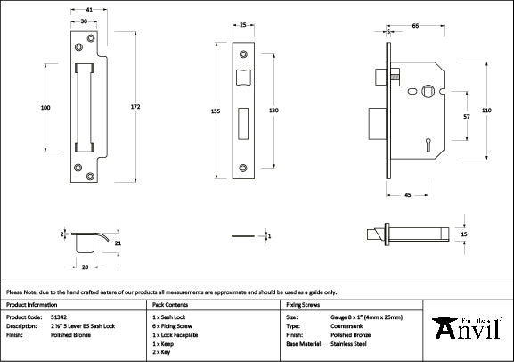 From The Anvil - Polished Bronze 2Â½" 5 Lever BS Sash Lock