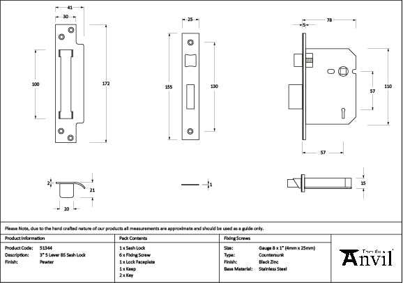 From The Anvil - Pewter 3" 5 Lever BS Sash Lock