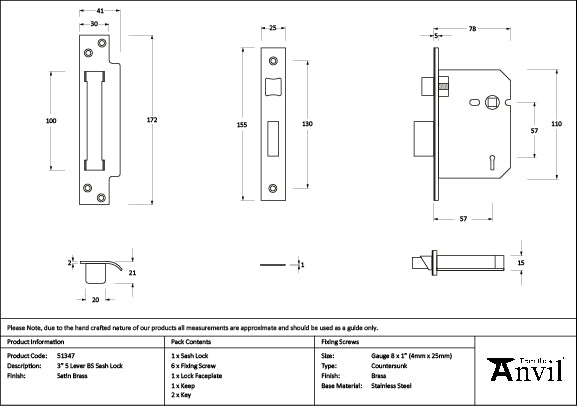 From The Anvil - Satin Brass 3" 5 Lever BS Sash Lock