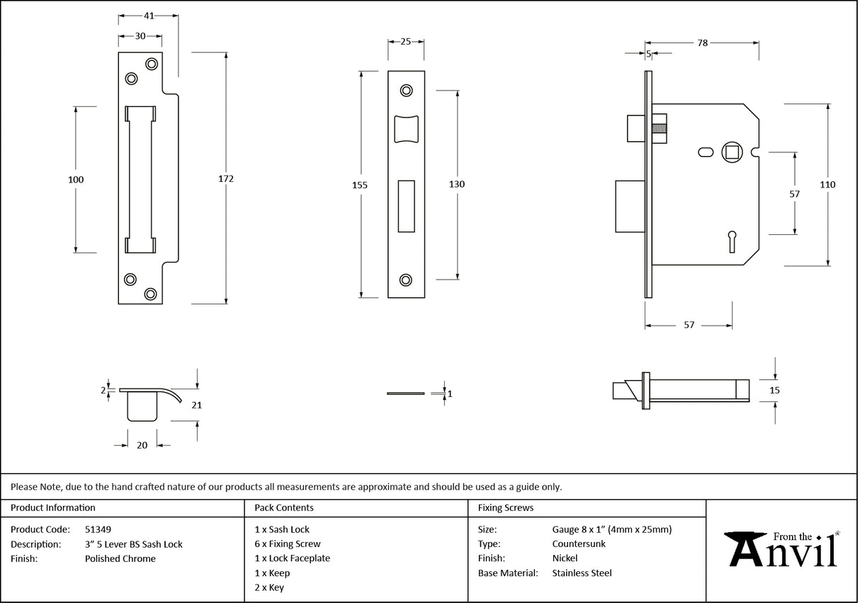 From The Anvil - Polished Chrome 3" 5 Lever BS Sash Lock | Sku. 51349 | Trade Door Handles.