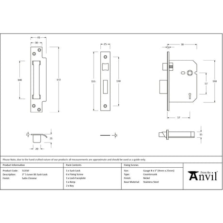 From The Anvil - Satin Chrome 3" 5 Lever BS Sash Lock | Sku. 51350 | Trade Door Handles.