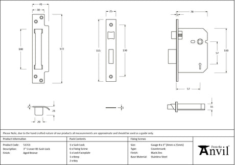 From The Anvil - Aged Bronze 3" 5 Lever BS Sash Lock | Sku. 51351 | Trade Door Handles.