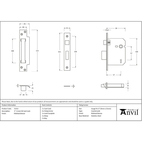 From The Anvil - Polished Bronze 3" 5 Lever BS Sash Lock | Sku. 51352 | Trade Door Handles.