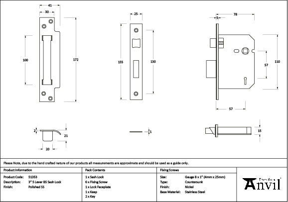 From The Anvil - Polished SS 3" 5 Lever BS Sash Lock