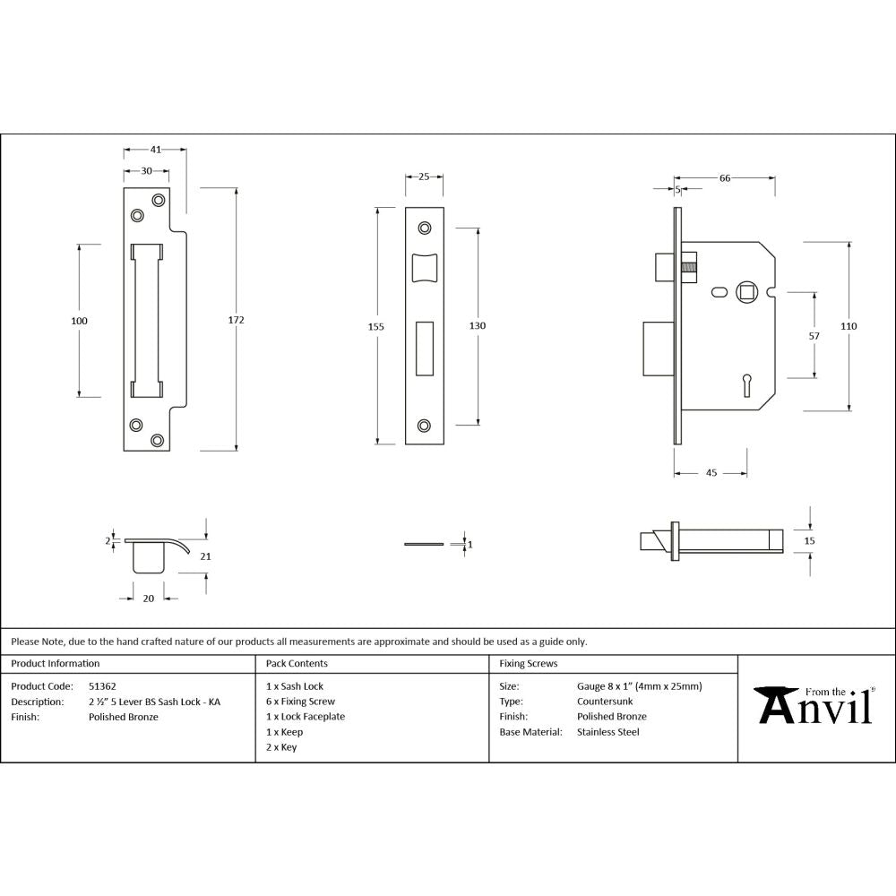 From The Anvil - Polished Bronze 2.5" 5 Lever BS Sash Lock KA | Sku. 51362 | Trade Door Handles.