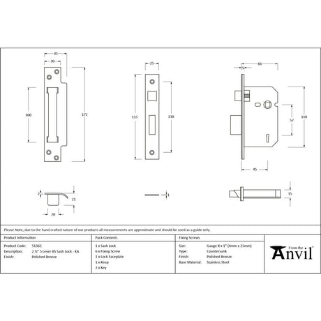 From The Anvil - Polished Bronze 2.5" 5 Lever BS Sash Lock KA | Sku. 51362 | Trade Door Handles.