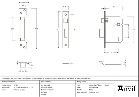 From The Anvil - Polished Chrome 3" 5 Lever BS Sash Lock KA | Sku. 51369 | Trade Door Handles.