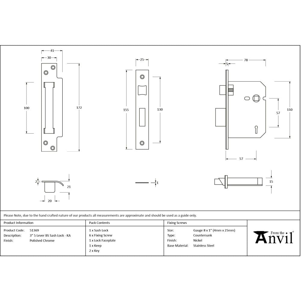 From The Anvil - Polished Chrome 3" 5 Lever BS Sash Lock KA | Sku. 51369 | Trade Door Handles.