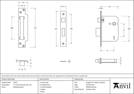 From The Anvil - Polished Bronze 3" 5 Lever BS Sash Lock KA | Sku. 51372 | Trade Door Handles.