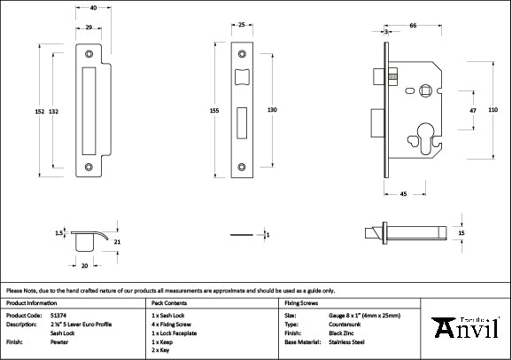 From The Anvil - Pewter 2½" Euro Profile Sash Lock