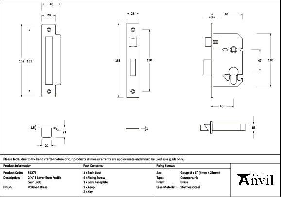 From The Anvil - Polished Brass 2½" Euro Profile Sash Lock