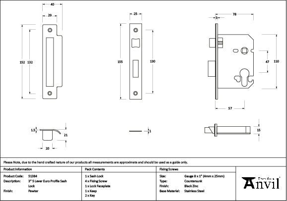 From The Anvil - Pewter 3" Euro Profile Sash Lock