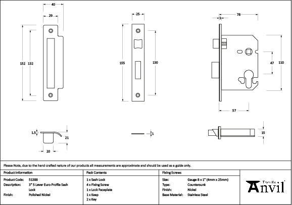 From The Anvil - Polished Nickel 3" Euro Profile Sash Lock