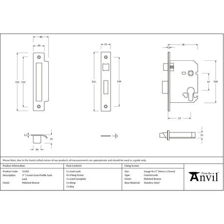 From The Anvil - Polished Bronze 3" Euro Profile Sash Lock | Sku. 51392 | Trade Door Handles.