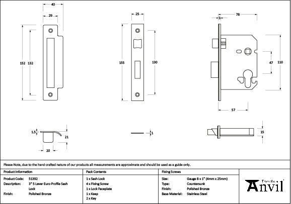 From The Anvil - Polished Bronze 3" Euro Profile Sash Lock