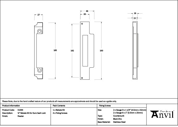 From The Anvil - Pewter ½" Rebate Kit for Euro Sash Lock